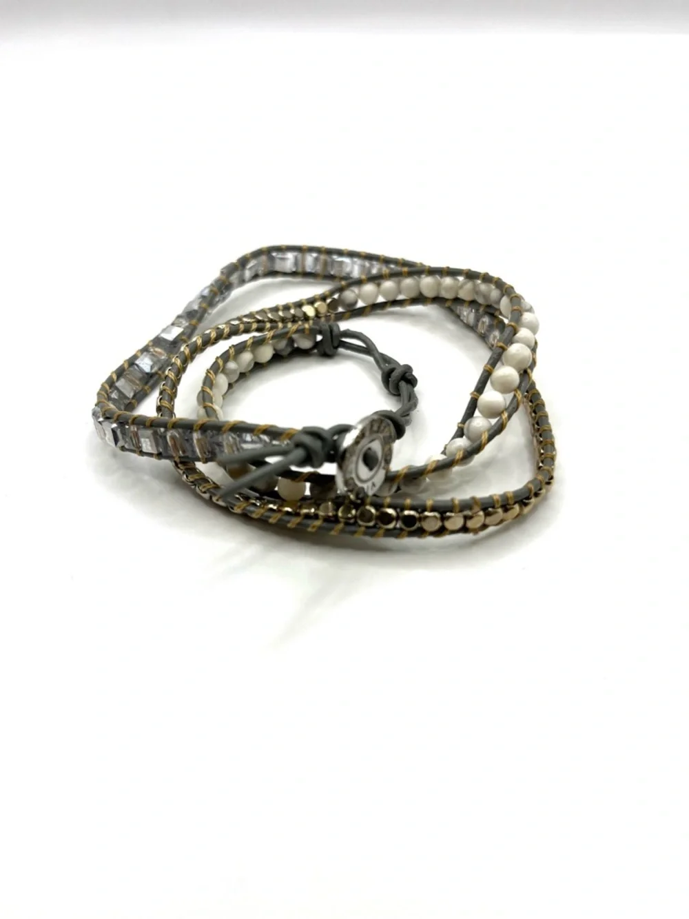 Victoria Emerson White and Gold Multi-Strand Wrap Bracelet Gray Leather
